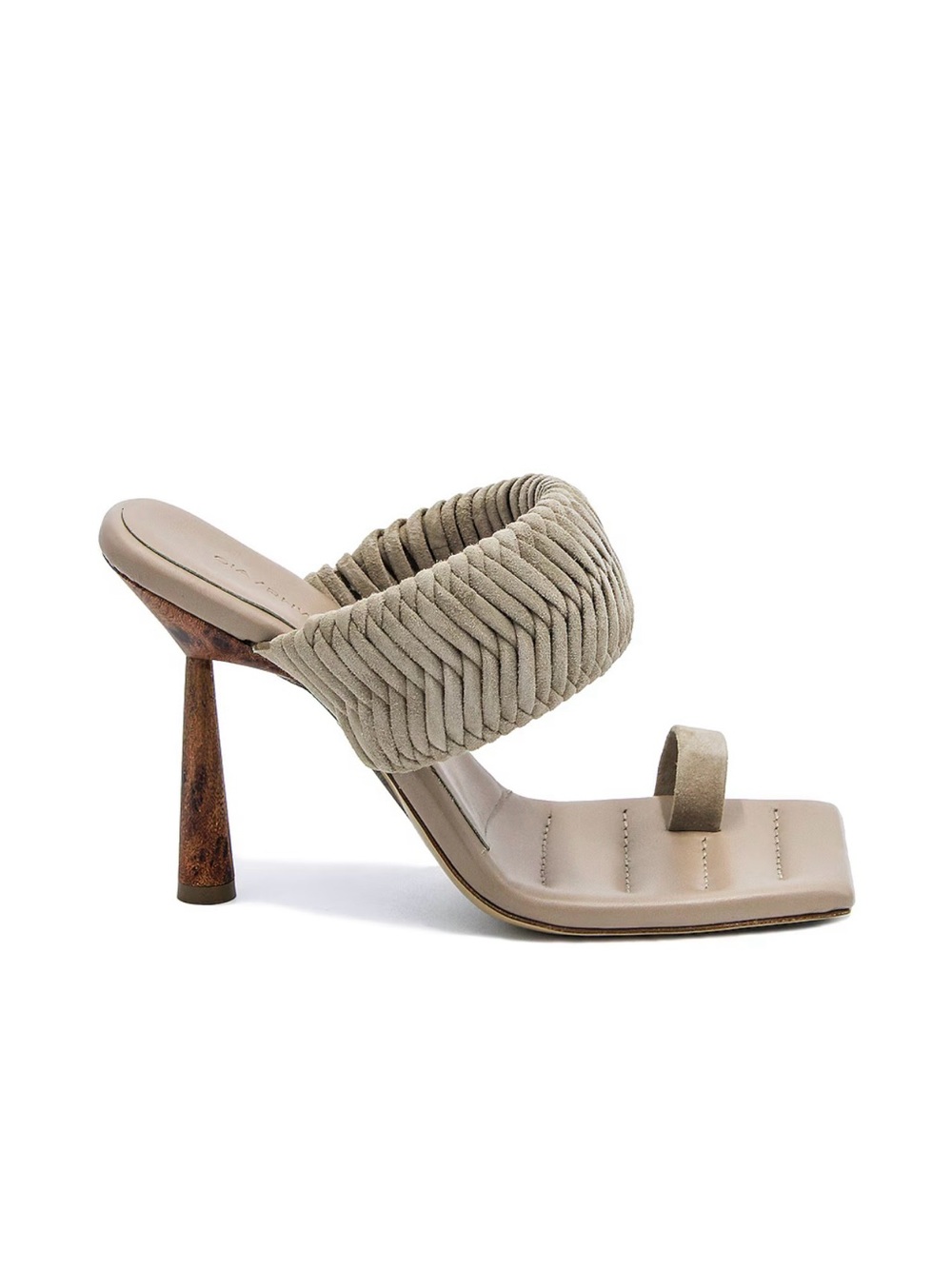 GIA BORGHINI x RHW Toe Ring Suede Mule in Cream Taupe Beige Braided Wood Heel